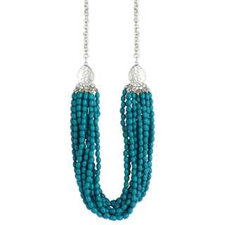 Silvertone Brass and Turquoise Resin Bead Multistrand Hammered Teardrop Necklace With 3-inch Extension