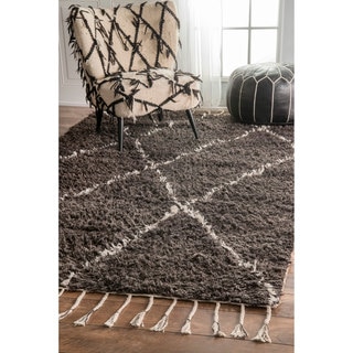 nuLOOM Hand-knotted Moroccan Trellis Brown Shag Wool Rug (4' x 6')