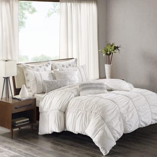 INK+IVY Reese White Cotton Percale Ruched Metallic Twill Taped Duvet Cover Mini Set