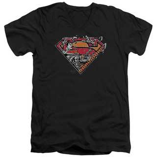 Superman/Breaking Chain Logo Short Sleeve Adult T-Shirt V-Neck in Black