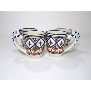 Set of 4 Le Souk Ceramique 'Tabarka' Stoneware Tea/ Espresso Cup and Saucer (Tunisia)