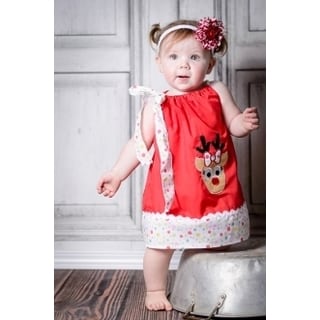 Girls' Red Cotton/Polyester Reindeer Dress