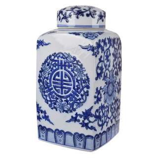 White/Blue Ceramic 6-inch x 6-inch x 12-inch Lidded Jar