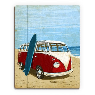 Surfing Road Trip Red Bus' Multicolored Wood Vintage-style Wall Art