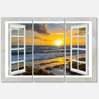 Designart - Open Window to Bright Yellow Sunset - Modern Seascape Glossy Metal Wall Art