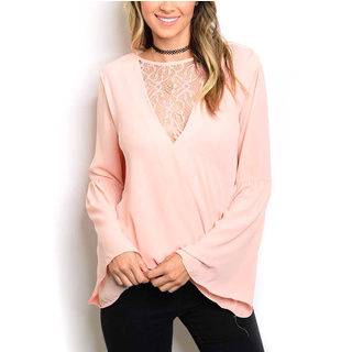JED Women's Pink/Ivory Chiffon/Lace Bell-sleeve Top