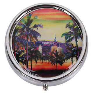 Nicole Lee Signature Print Hollywood Multicolored Stainless Steel Metallic Circular Pill Case