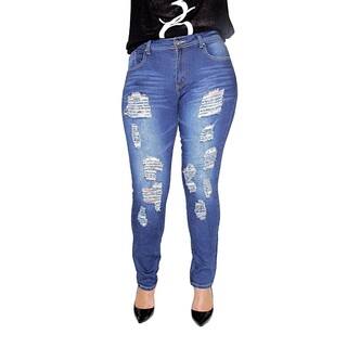 Juniors' Dark Wash Plus-size Distressed Rips Stretchy Skinny Jeans