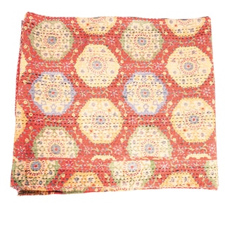 Vintage Kantha Indian Handmade Persimmon Floral Quilt (India)