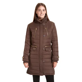 Excelled Women's Black/Brown Polyester and Faux Fur Hooded 3/4-length Puffer Jacket