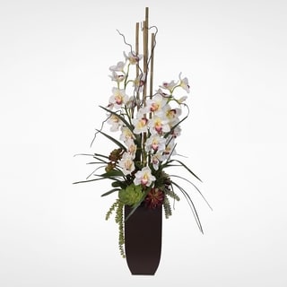 Real Touch Phalaenopsis Silk Orchids with Succulents in a Tall Metal Container