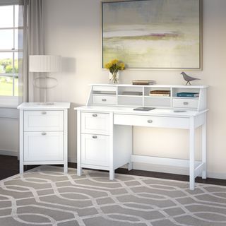 Broadview Computer Desk with Pedestal, Organizer and File Cabinet in Pure White