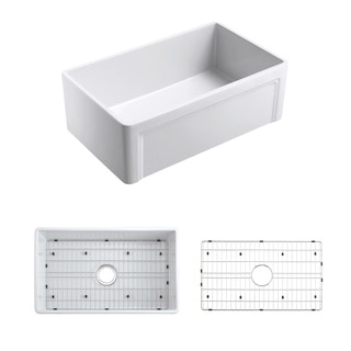 Olde London White Fireclay 30-inch x 18-inch Casement Edge Front Farmhouse Kitchen Sink and Grid