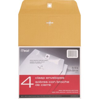 MeadWestvaco 76012 9" X 12" Heavyweight Kraft Clasp Envelopes 4 Count