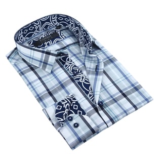 Coogi Luxe 100% Cotton Plaid Dress Shirt w/Navy Geometric Trim