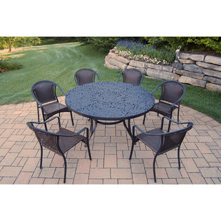 Black Aluminum Round Table and Woven Chair 7-piece Dining Set