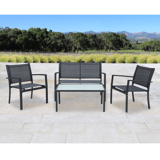 Corvus Antonio 4-piece Black Steel Textilene Fabric Outdoor Furniture Set with Glass Tabletop