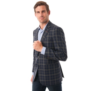 Men's Navy and Grey Plaid Classic-fit Blazer