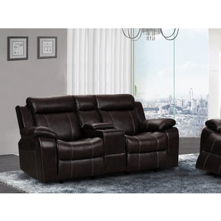 Finley Dark Brown Leather Gel Living Room Gliding Reclining Loveseat with Storage Center Console
