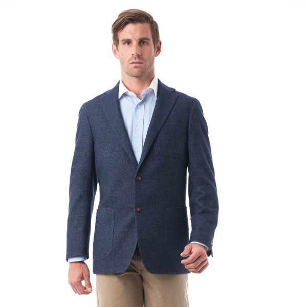 Men's Navy Blue Wool and Cotton Blend Herringbone Classic Fit Blazer
