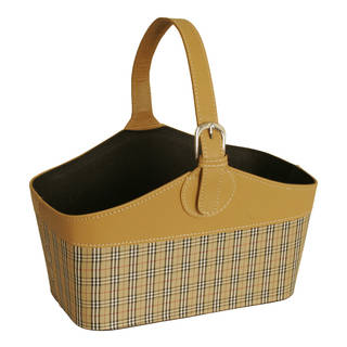 Butterscotch Faux Leather and Tartan Plaid Tote Basket with Handle, 12"