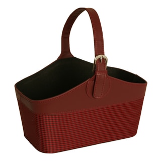 Faux Leather and Fabric Tote Basket with Burgundy and Black Houndstooth, 12"
