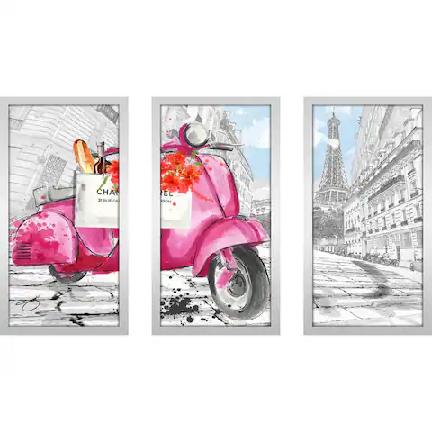 BY Jodi "Scoot Around Paris In Pink 2" Framed Plexiglass Wall Art Set of 3