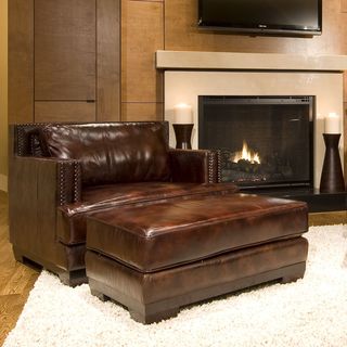 Davis Saddle Top Grain Leather Accent Chair and Ottoman