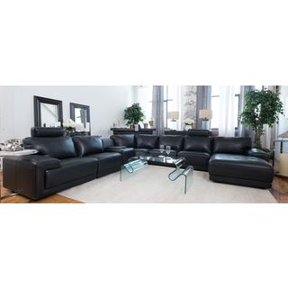 Cinema Top Grain Leather Black Large Sectional w/ Console Storage Table (Left Facing Chair and Right Facing Chaise)