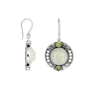 Handmade Sterling Silver Carved Bone Face with Peridot Dangle Earrings (Indonesia)