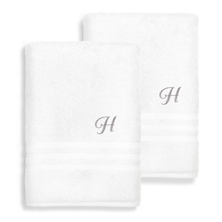 Authentic Hotel and Spa Omni Turkish Cotton Terry Set of 2 White Bath Towels with Grey Script Monogrammed Initial