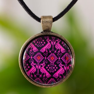 Handcrafted Brass Glass 'Antiqued Pink Nahuala Birds' Necklace (Guatemala)