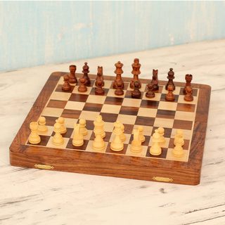 Handcrafted Sheesham Wood Kadam Wood 'Wood Challenge' Travel Chess Set (India)