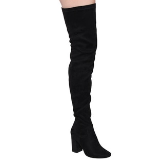 Beston Women's FF01 Faux-suede Stretchy Thigh-high Snug-fFit Chunky Block-heel Boots
