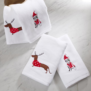 HipStyle Dasher Dog White Cotton Embroidered Hand Towel (set of 4)