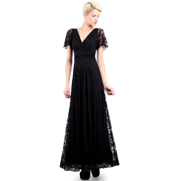 Evanese Women's Elegant Jesey Lace Evening Long Dress with Short Sleeves