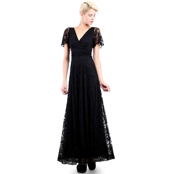 Evanese Women's Elegant Lace Evening Party Formal Long Dress Gown with Empire Waist Full Skirt and Short Sleeves