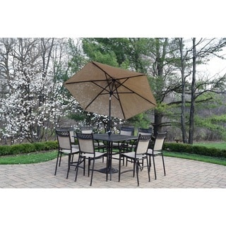 Oakland Bali Sling and Cast Aluminum 11-piece Bar Set with Square table, Stackable Bar Stools, 9 ft. Umbrella and Umbrella Stand