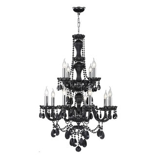 Venetial Italian Style Collection 12 Light Chrome Finish and Black Crystal Chandelier 28-inch x 41-inch Round Two 2 Tier Large