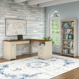 Fairview L- Shaped Desk and 5-Shelf Bookcase in Antique White