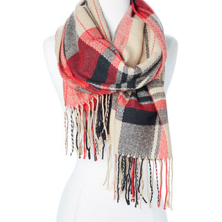 Multicolore Wool/Acrylic Plaid Winter Scarf with Fringes