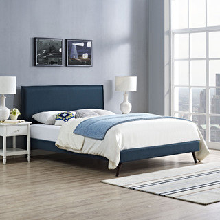 Camille Fabric Azure Platform Bed with Round Splayed Legs