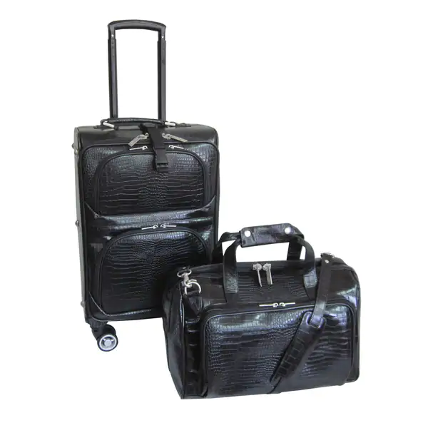 Amerileather Black Leather Croco-Print 2-Piece Carry-On Spinner Luggage Set