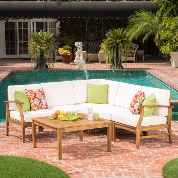 Perla 6-Piece Outdoor Wood Chat Set w/ Cushions by Christopher Knight Home