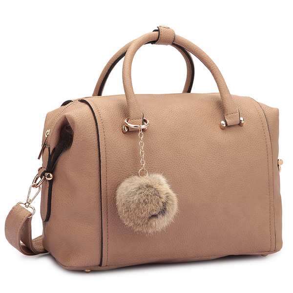 Dasein Faux Leather Satchel Handbag with PomPom