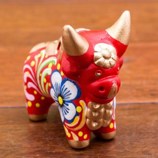Handcrafted Ceramic 'Little Red Pucara Bull' Figurine (Peru)