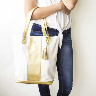 Personalized Gold Faux Leather Canvas Weekender Tote
