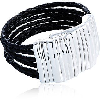 Silver Ridged Braided Leather Cord Magnet Bracelet (Israel)