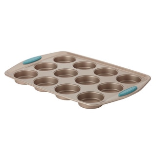 Rachael Ray Cucina Nonstick Bakeware 12-Cup Muffin / Cupcake Pan, Latte Brown, Agave Blue Handle Grips