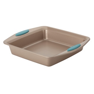 Rachael Ray Cucina Nonstick Bakeware Square Cake Pan, 9-Inch, Latte Brown with Agave Blue Handles